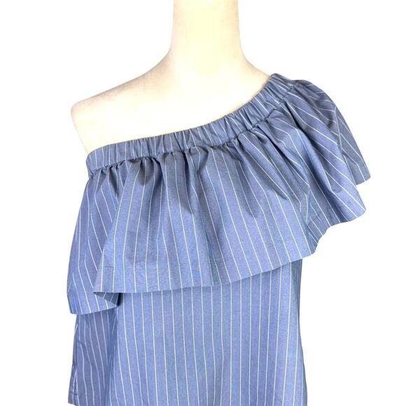 Koch Blue Pinstripe One Shoulder Ruffle Blouse Top Matching Shorts Two Piece Set - Picture 5 of 11